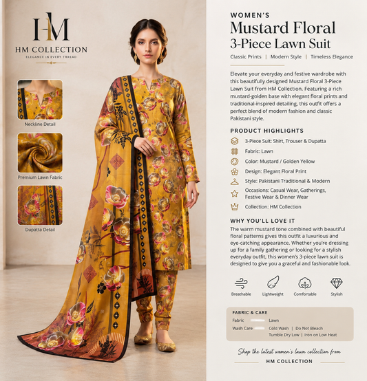 Mustard Floral 3 Piece Lawn Suit for Women | HM Collection