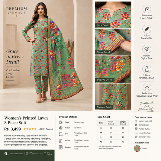 Women’s Premium Printed Lawn 3 Piece Suit – Green Floral HM Collection