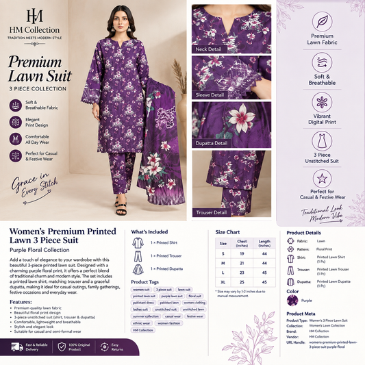 Women’s Premium Purple Floral Printed Lawn 3 Piece Suit