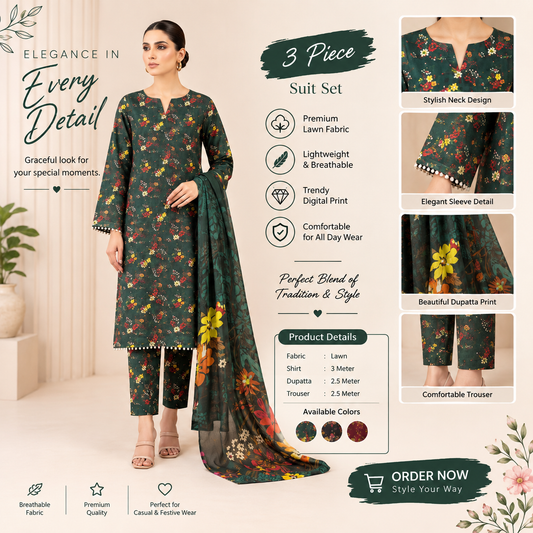 Elegant Green Floral 3-Piece Suit – Premium Lawn Collection