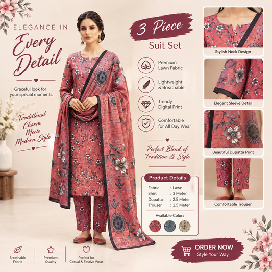 Elegant Pink Floral 3-Piece Lawn Suit | Printed Pakistani Dress