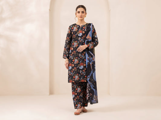 Elegant Black Floral 3-Piece Lawn Suit | Premium Printed Pakistani Dress