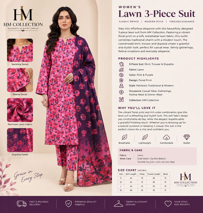 Pink & Purple Floral 3-Piece Lawn Suit for Women