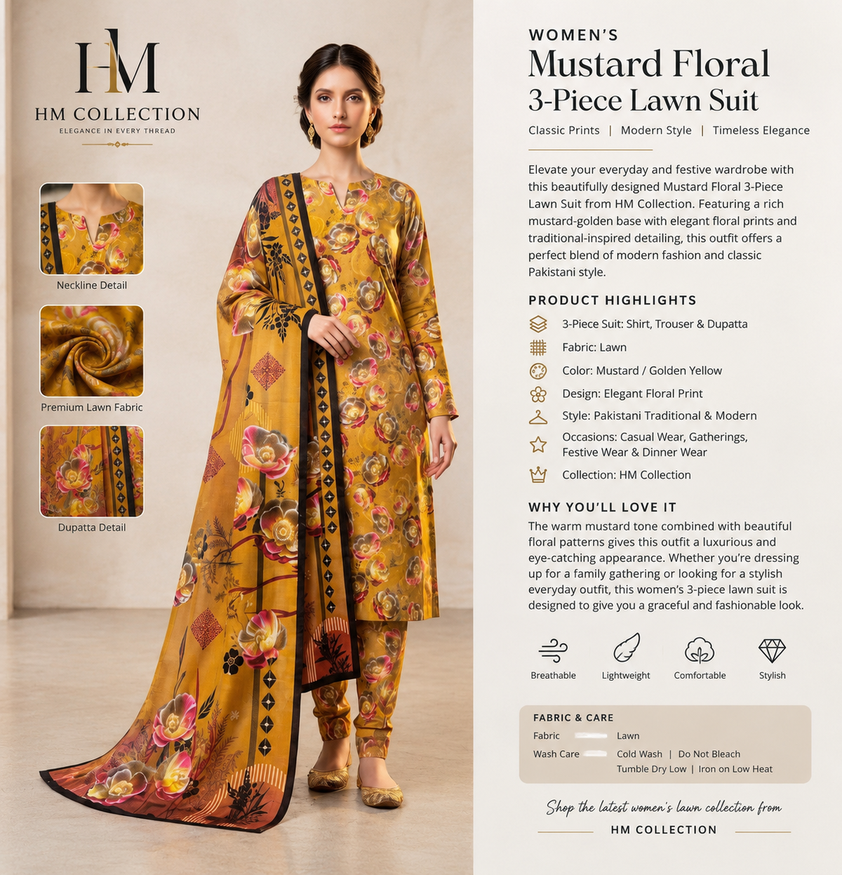 Mustard Floral 3 Piece Lawn Suit for Women | HM Collection