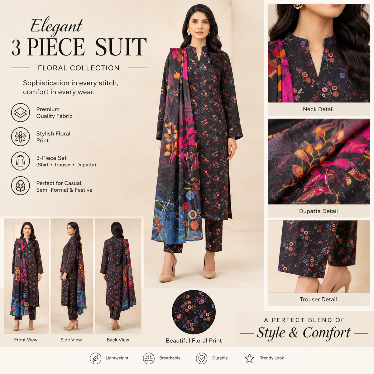 Elegant Black Printed 3-Piece Women’s Suit – Floral  HM Collection
