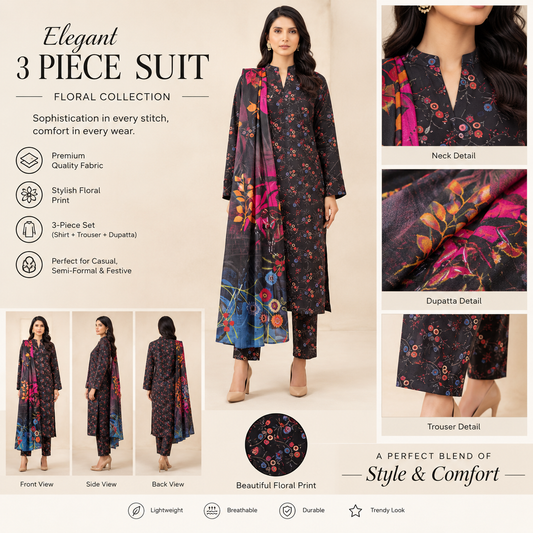 Elegant Black Printed 3-Piece Women’s Suit – Floral  HM Collection
