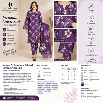 Women’s Premium Purple Floral Printed Lawn 3 Piece Suit