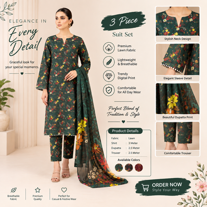 Elegant Green Floral 3-Piece Suit – Premium Lawn Collection