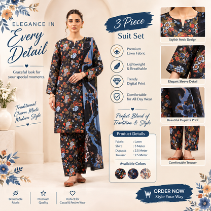 Elegant Black Floral 3-Piece Lawn Suit | Premium Printed Pakistani Dress