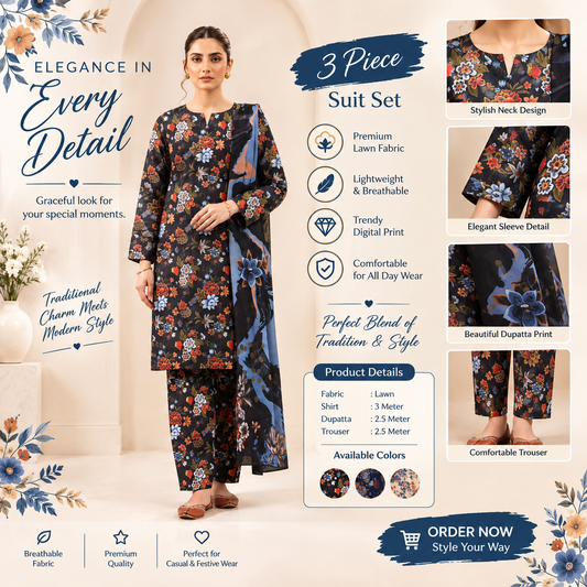 Elegant Black Floral 3-Piece Lawn Suit | Premium Printed Pakistani Dress