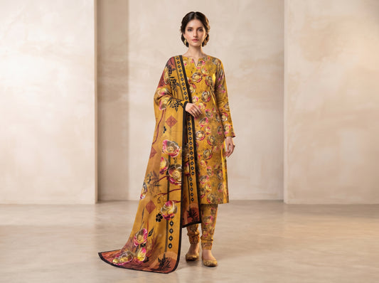 Mustard Floral 3 Piece Lawn Suit for Women | HM Collection