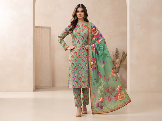 Women’s Premium Printed Lawn 3 Piece Suit – Green Floral HM Collection