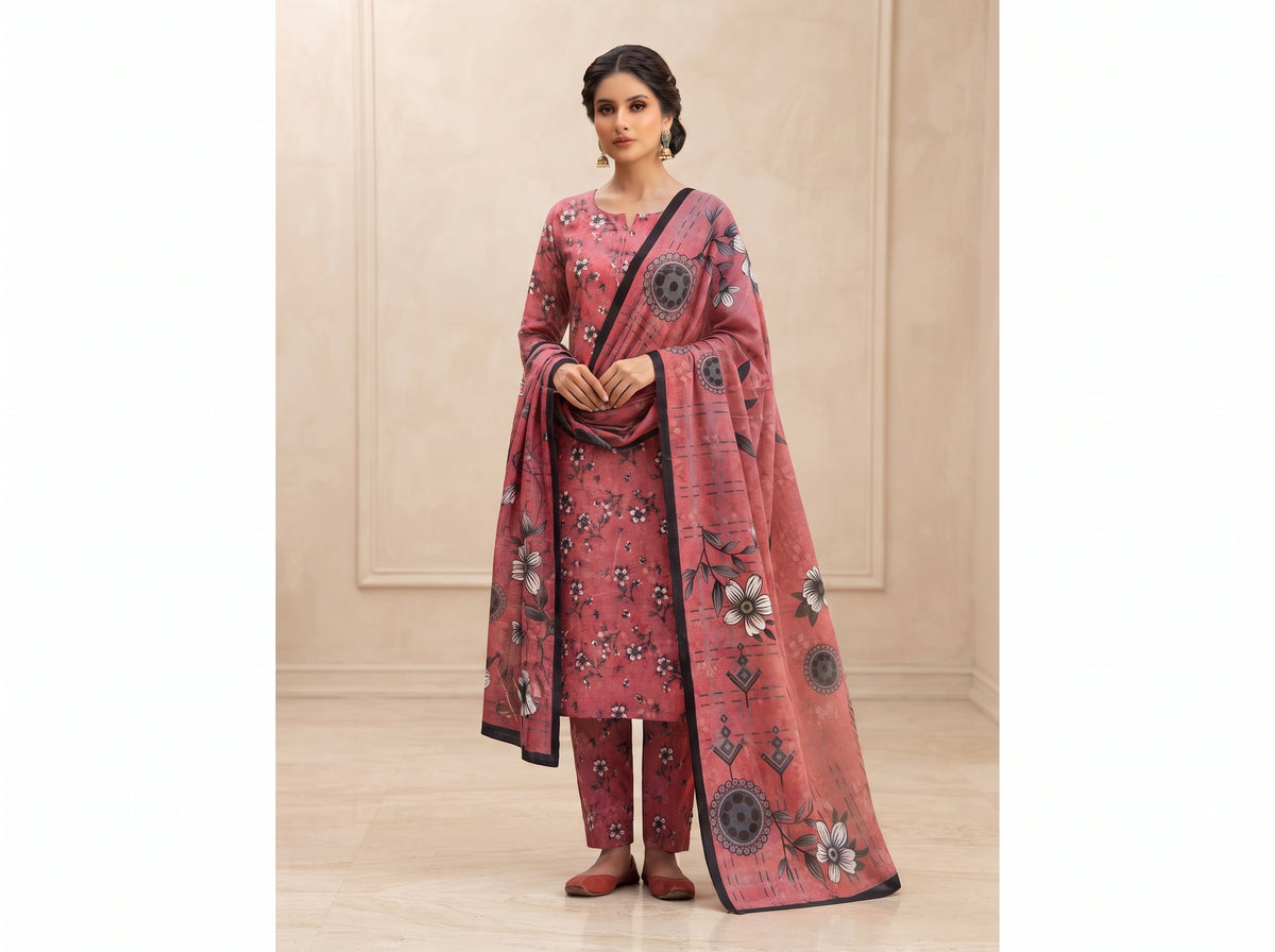 Elegant Pink Floral 3-Piece Lawn Suit | Printed Pakistani Dress