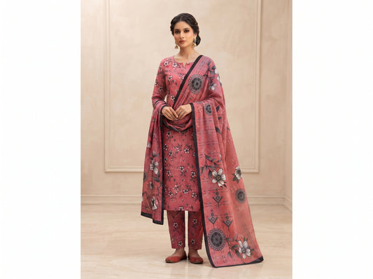 Elegant Pink Floral 3-Piece Lawn Suit | Printed Pakistani Dress