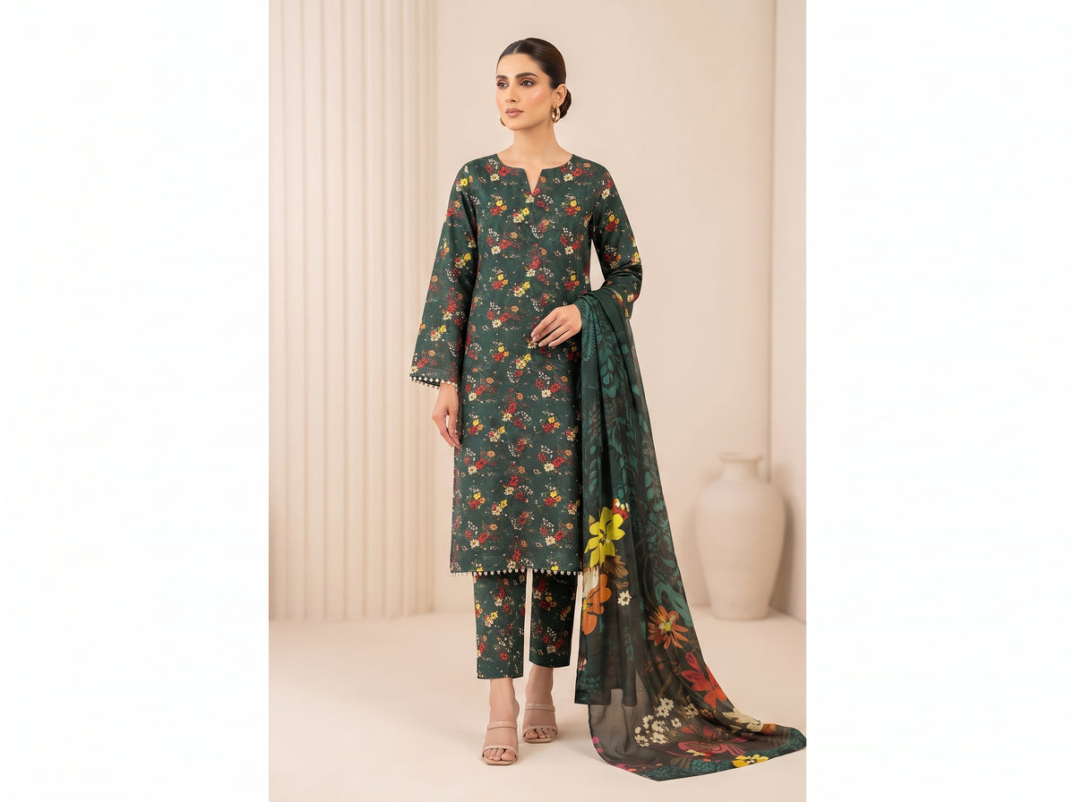 Elegant Green Floral 3-Piece Suit – Premium Lawn Collection